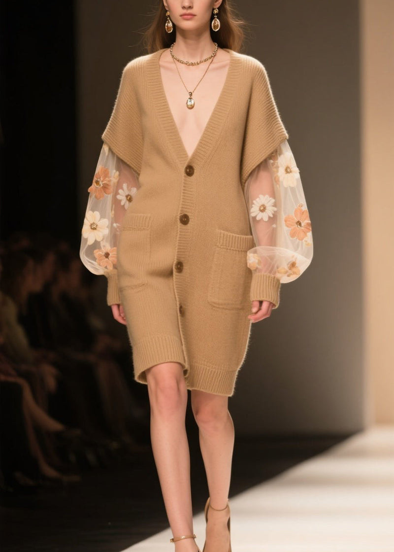 Khaki Pockets Tulle Patchwork Knit Cardigans Fall