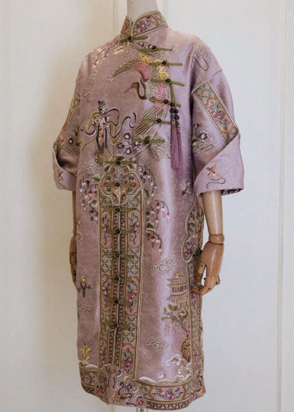 Pink Stand Collar Button Silk Cotton Maxi Dresses Fall