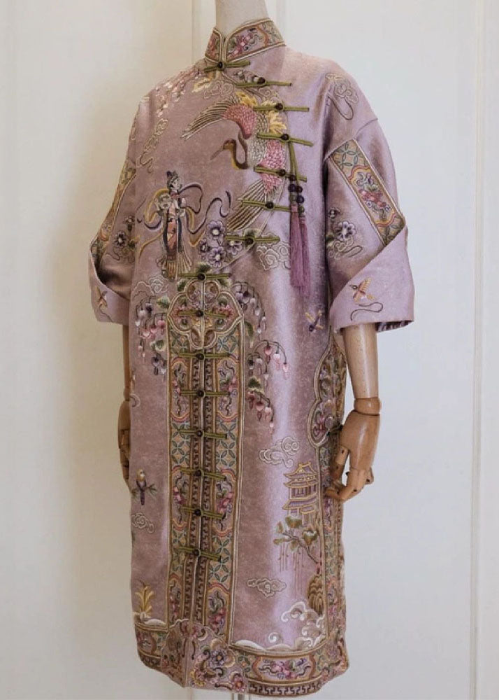 Pink Stand Collar Button Silk Cotton Maxi Dresses Fall