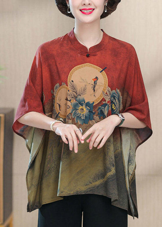 Red O-neck Print Side Open Silk Top Half Sleeve