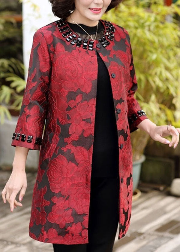 Red Jacquard Spandex Coat Outwear O-neck Bracelet Sleeve