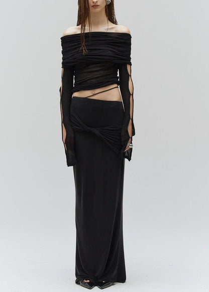 Black Hollow Out Cotton Two Pieces Set Fall