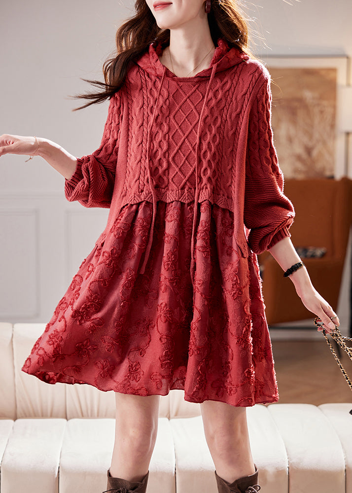 Unique Red Hooded Embroidered Patchwork Knit Dresses Spring