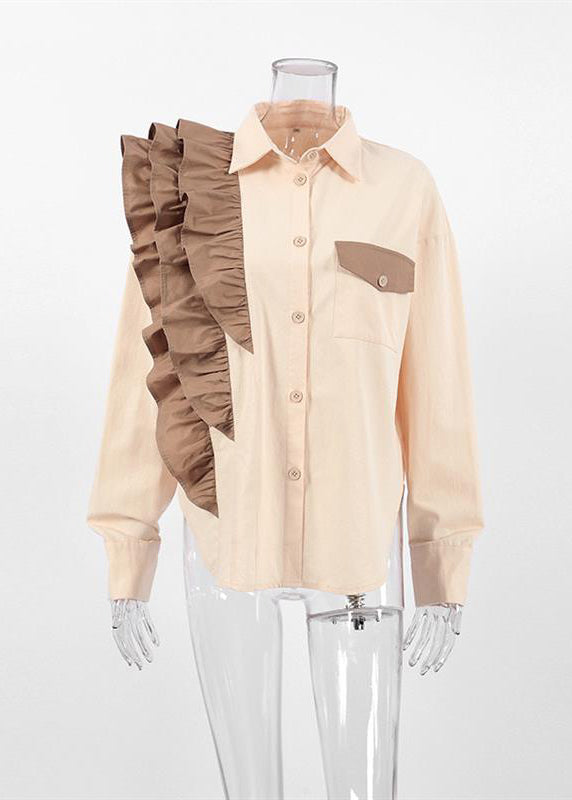 Apricot Ruffled Peter Pan Collar Ruffled Patchwork Shirt Spring