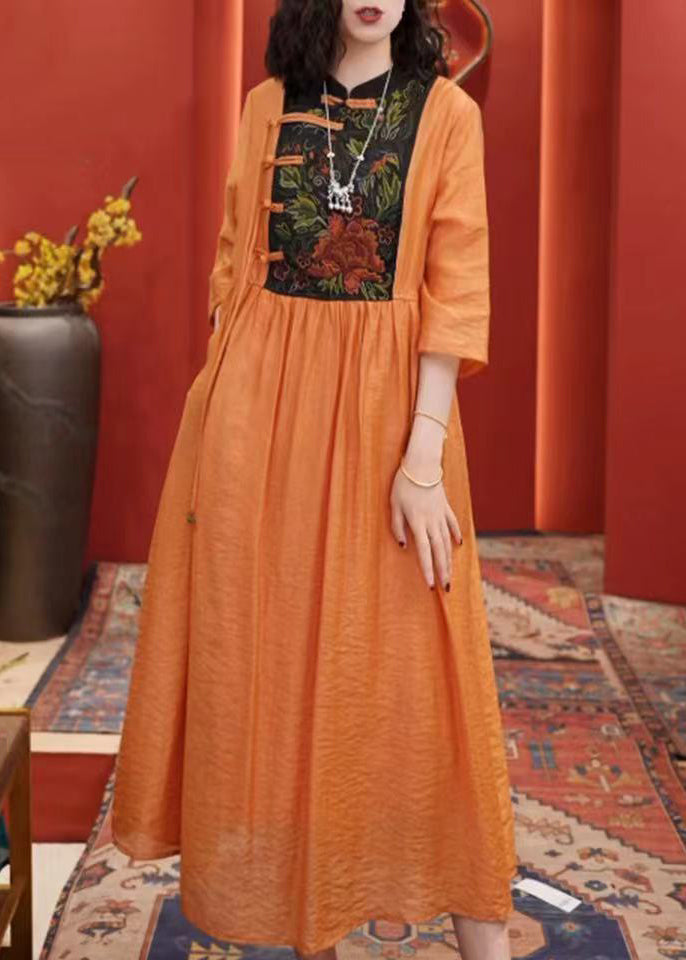 Orange Embroidered Button Cotton Dresses Half Sleeve