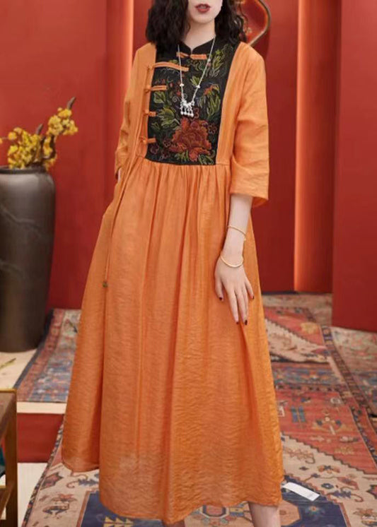 Orange Embroidered Button Cotton Dresses Half Sleeve
