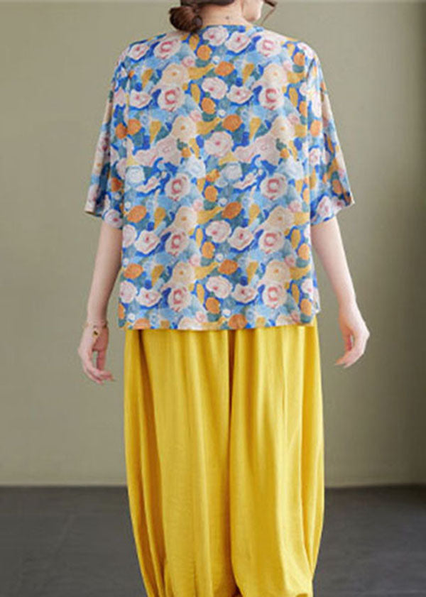 Blue V Neck Print Patchwork Cotton Shirt Tops Summer