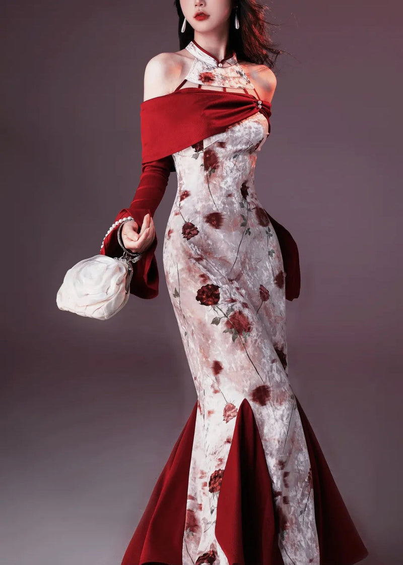 Red Print Patchwork Silk Velvet Fishtail Dresses Flare Sleeve