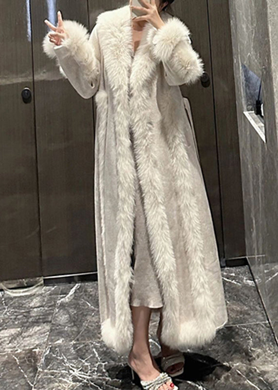 Style White Fox Collar Patchwork Pockets Leather and Fur Long Coats Winter