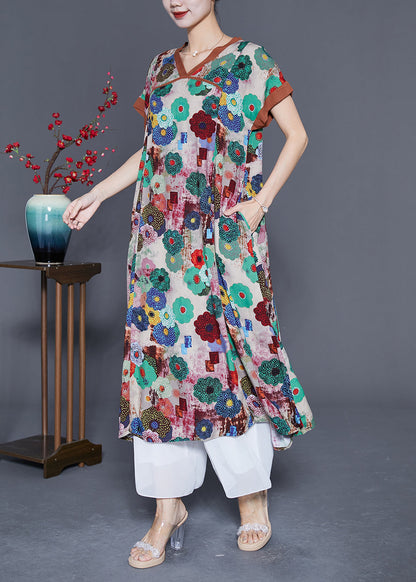 Khaki Print Cotton Long Dress O-neck Summer