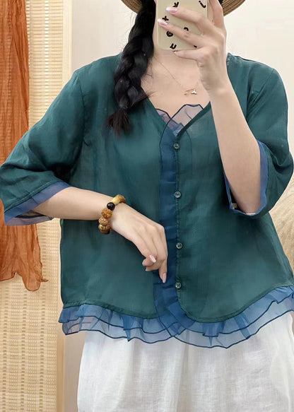 Blackish Green V Neck Organza Patchwork Button Ramie Shirt Fall