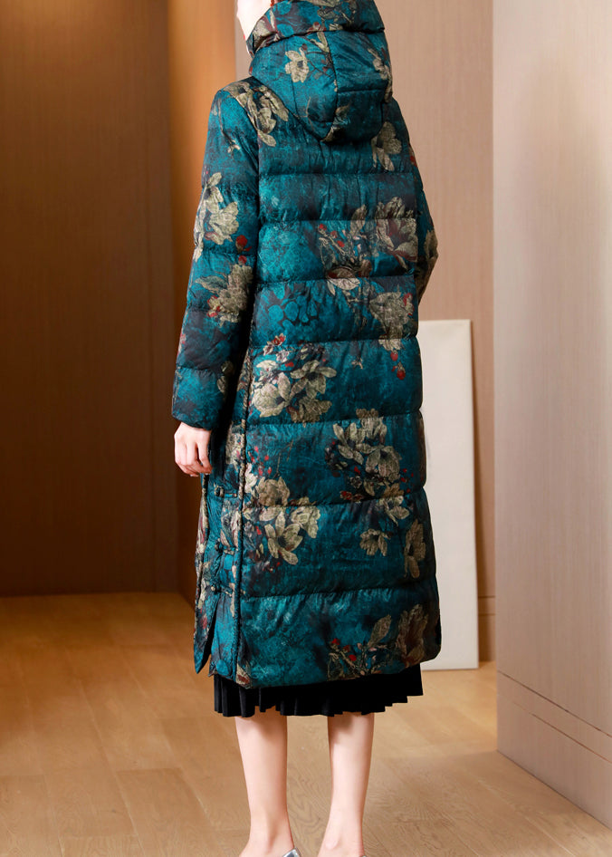 Green Print Pockets Chinese Button Cotton Blend Puffers Coat Winter