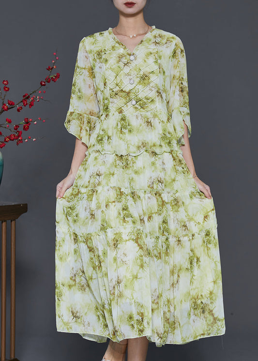 Grass Green Ruffled Tie Dye Chiffon Dresses Summer