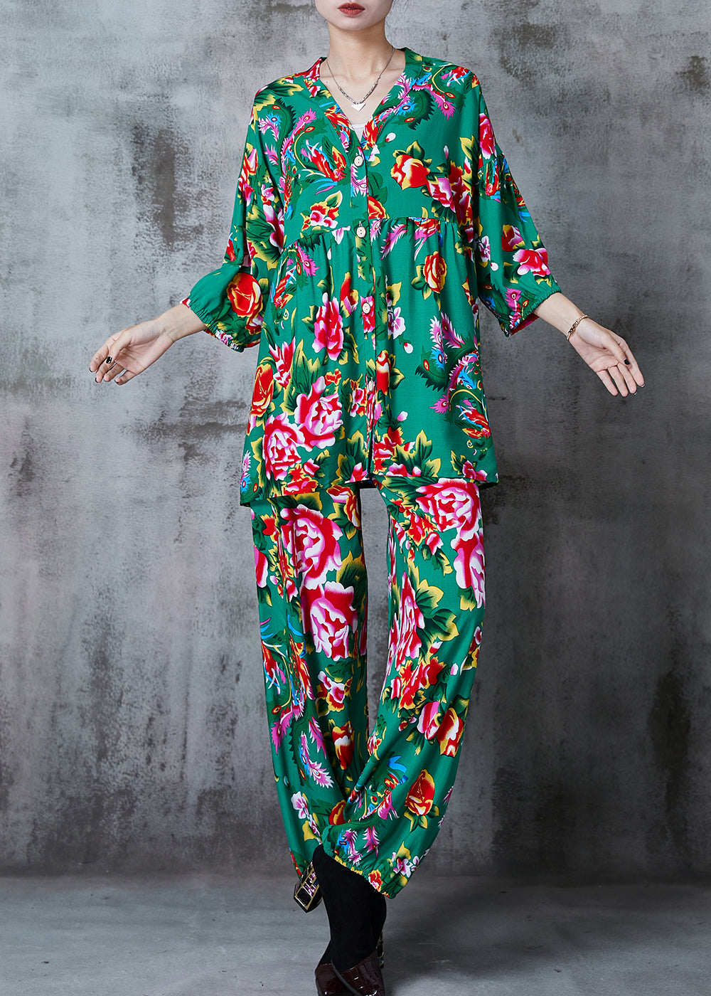 Green Print Cotton Retro Two-piece Set Oversized Summer