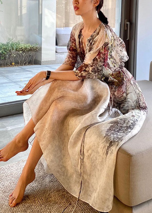 V Neck Print Drawstring Chiffon Maxi Dresses Half Sleeve Summer