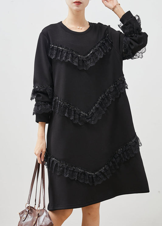 Black Ruffles Patchwork Cotton Sweatshirts Dress Spring