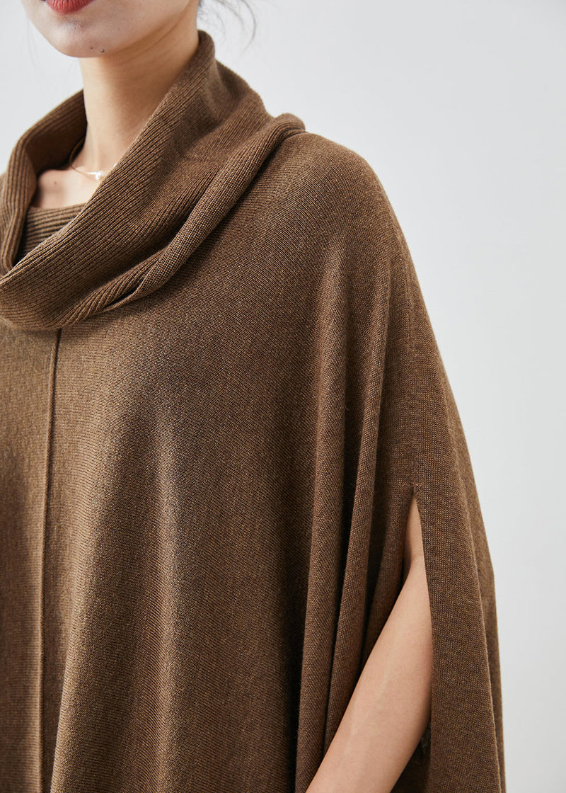 Brown Turtle Neck Asymmetrical Exra Large Hem Knit Sweater Dress Cloak Sleeves