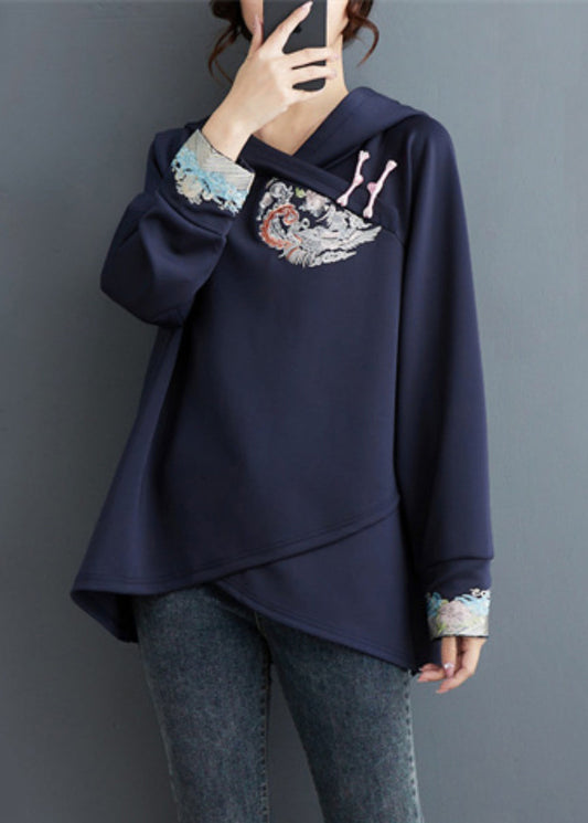 Navy Embroideried Patchwork Cotton Sweatshirt Tops Spring