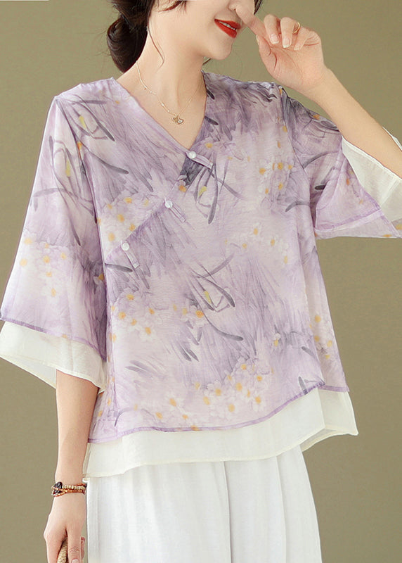 Purple V Neck Button Print Cotton Shirt Flare Sleeve