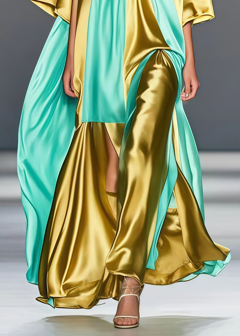 Golden V Neck Patchwork Side Open Silk Long Dress Summer