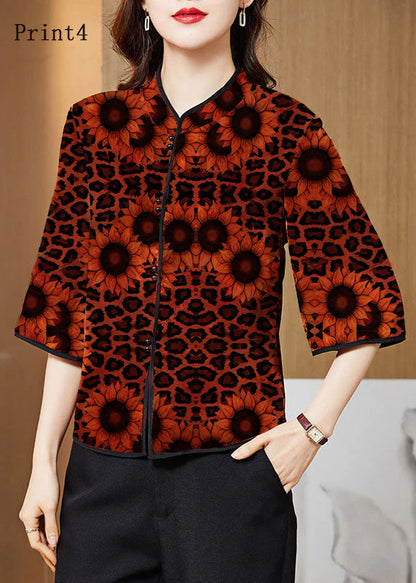 White Text Mandarin Collar Print Silk Shirt Tops Half Sleeve