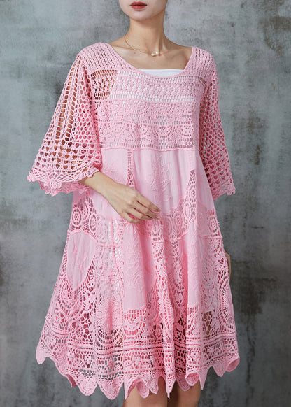 Pink Hollow Out Lace Holiday Dress Summer