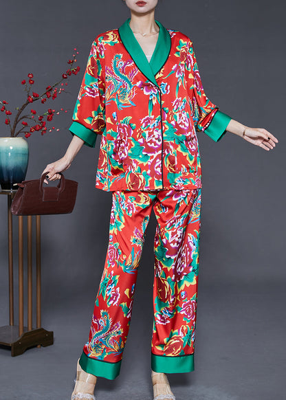 Red Peter Pan Collar Print Ice Silk Two Pieces Set Fall