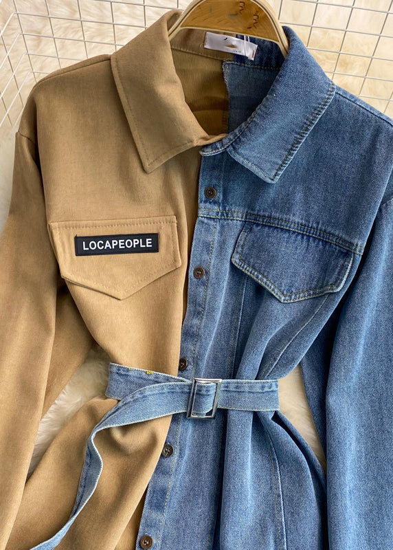 Khaki Peter Pan Collar Patchwork Button Denim Top Spring