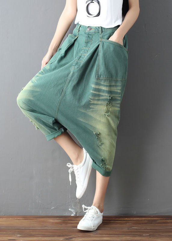 Green Pockets Hole Harem Pants Spring