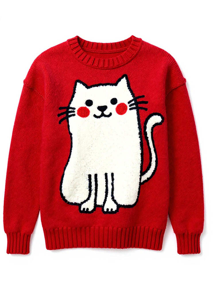 Red Embroidered Cat Knit Pullover Winter