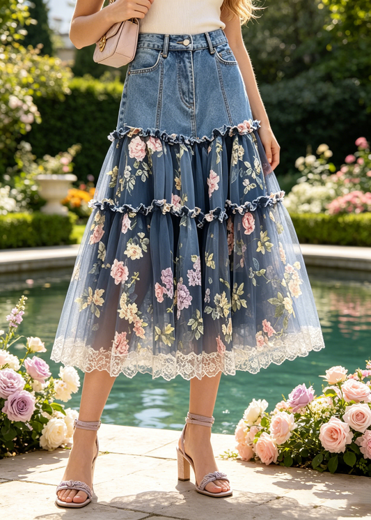 French Ruffled Patchwork Print Tulle Denim Skirt Fall