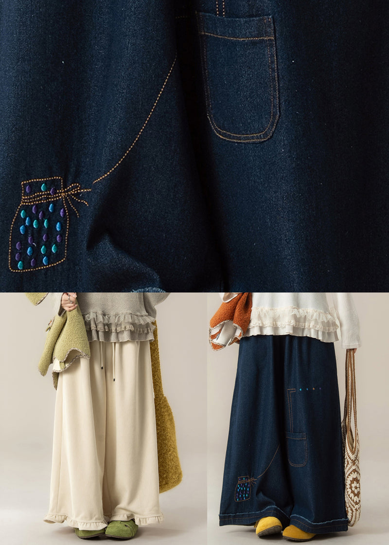 Dark Blue Pockets Print Patchwork Denim Pants Winter