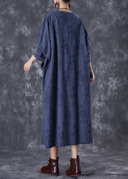Navy Asymmetrical Pockets Striped Linen Gown Dresses Fall