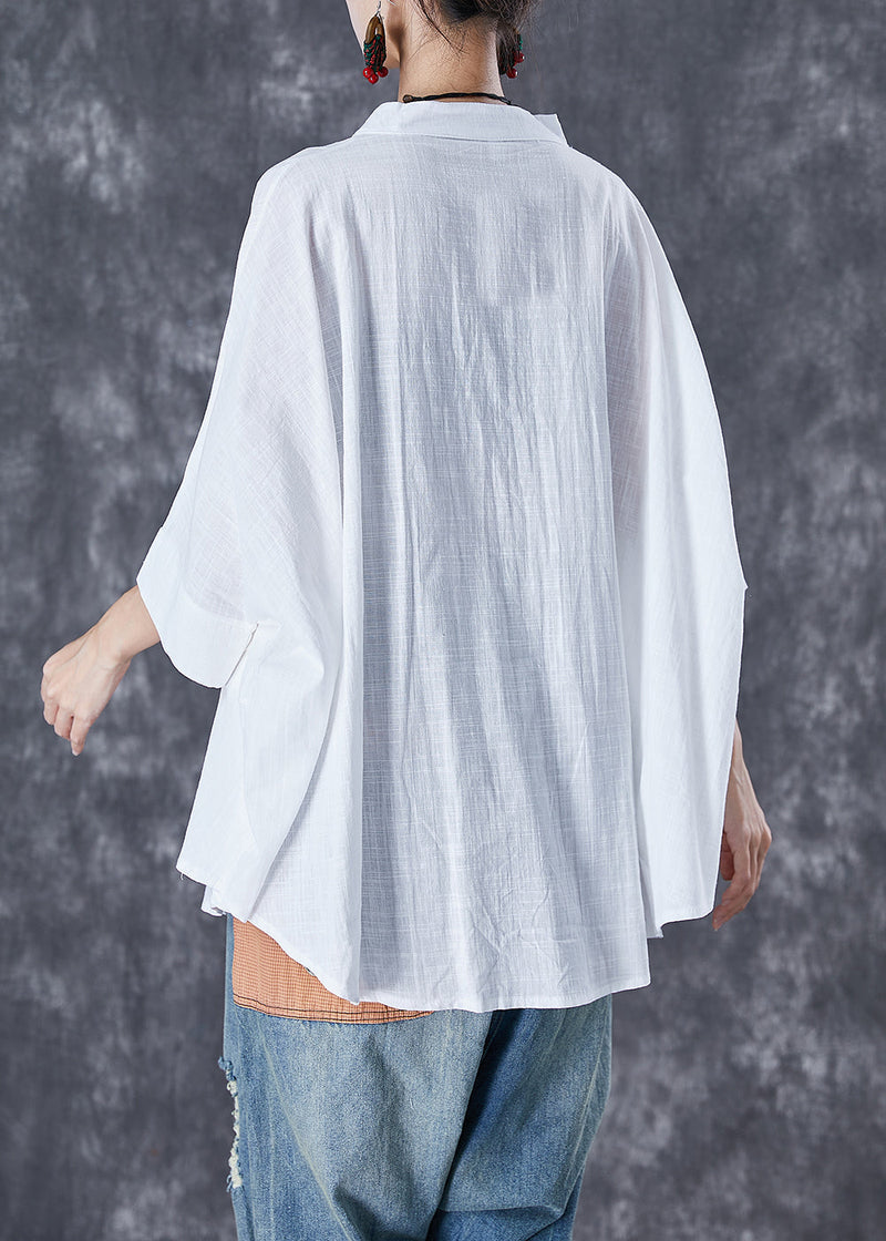 White Stand Collar Patchwork Linen Shirt Tops Batwing Sleeve