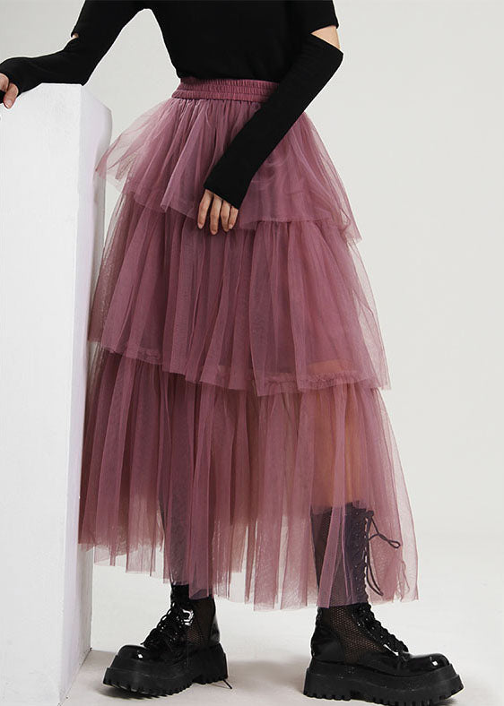 Style Purple High Waist Patchwork Tulle Skirts Spring