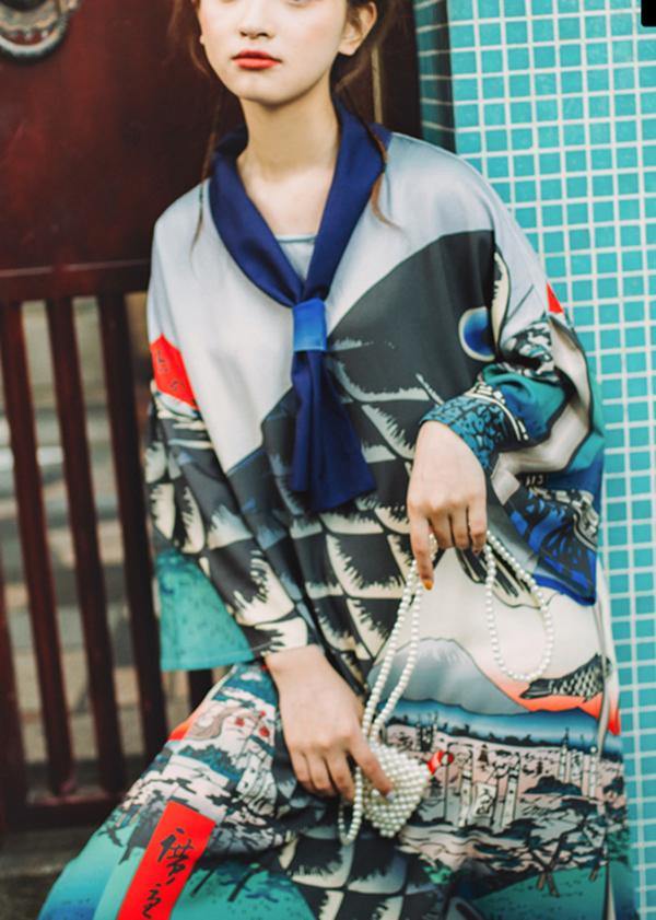 Grey Print V Neck Summer Animal Long Dress Half Sleeve