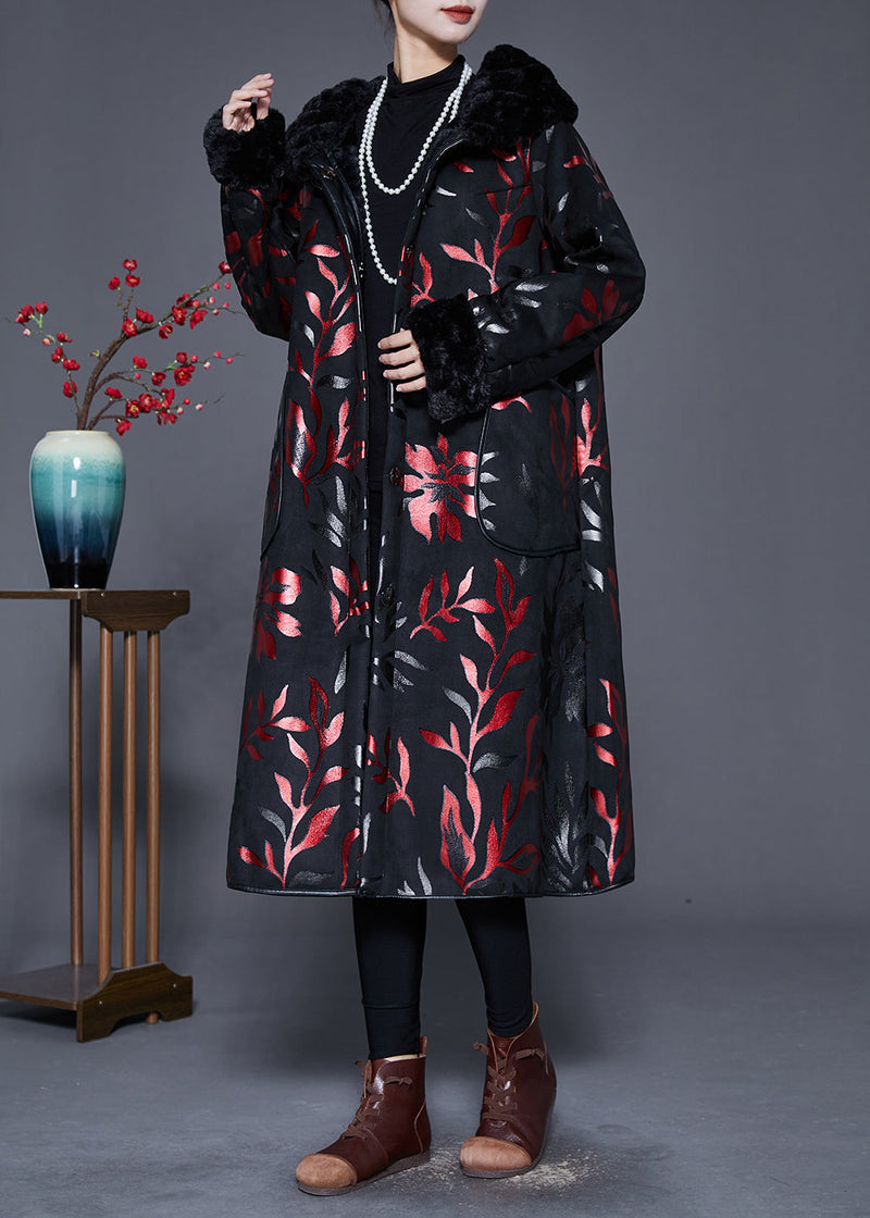 Black Fur Collar Print Warm Fleece Coats Winter