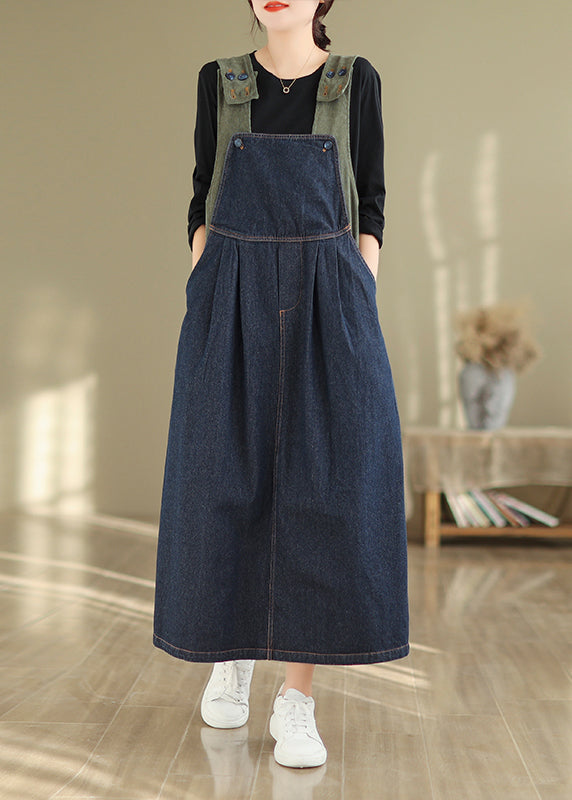 Navy Button Wrinkled Denim Long Dress Sleeveless
