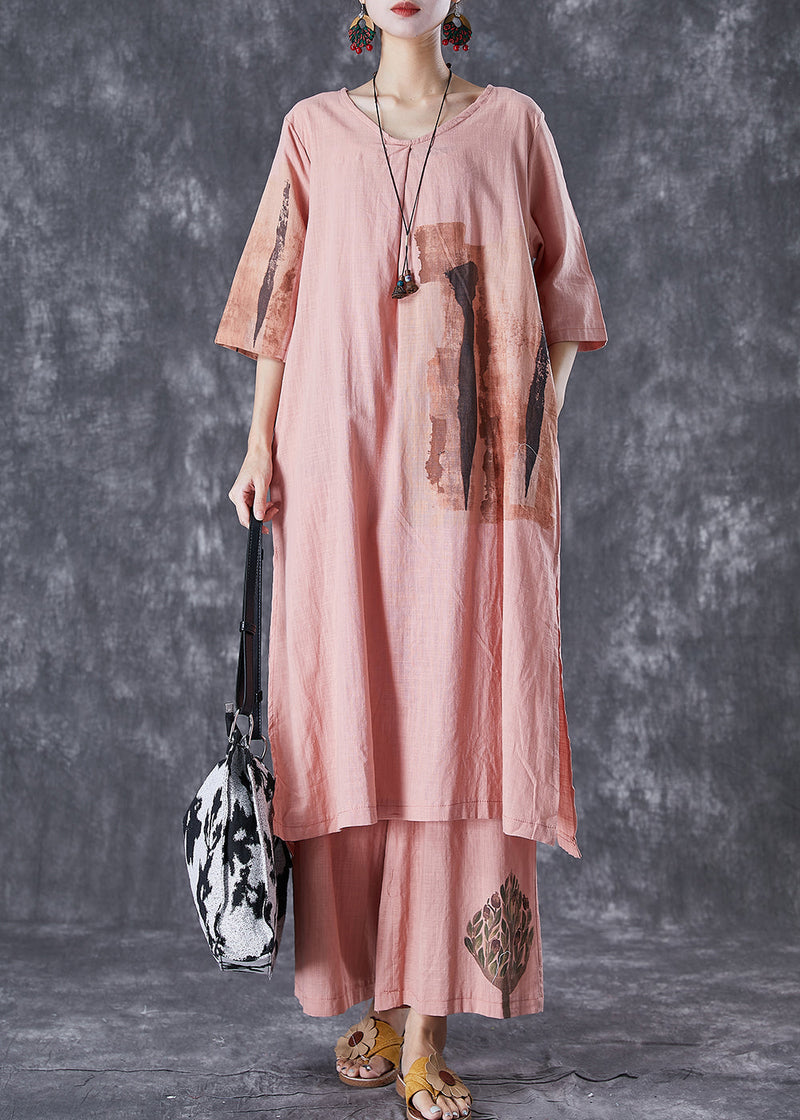 Brick Red Print Linen Dress and Pants Two Piece Set Outfits Side Open Summer