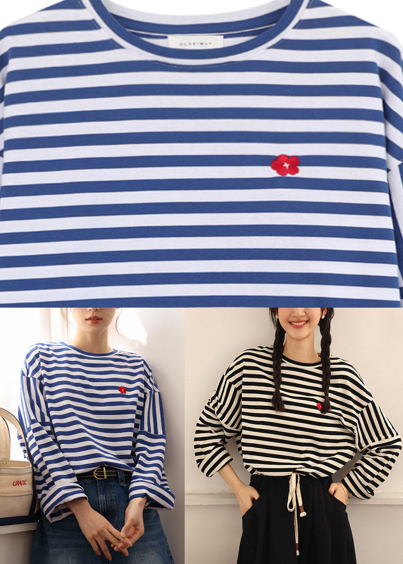 Blue White Striped Embroideried Loose Cotton Top Long Sleeve Spring
