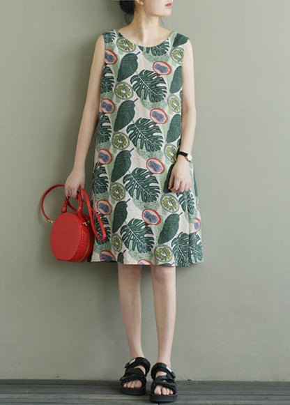 Green O-neck Print Bow Cotton a Line Dress Sleeveless