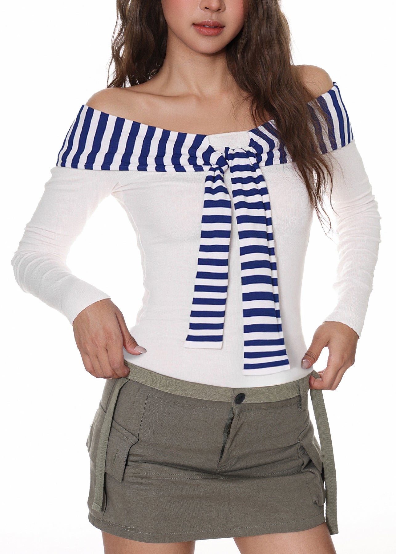 Grey Yellow Striped Patchwork T Shirt Long Sleeve