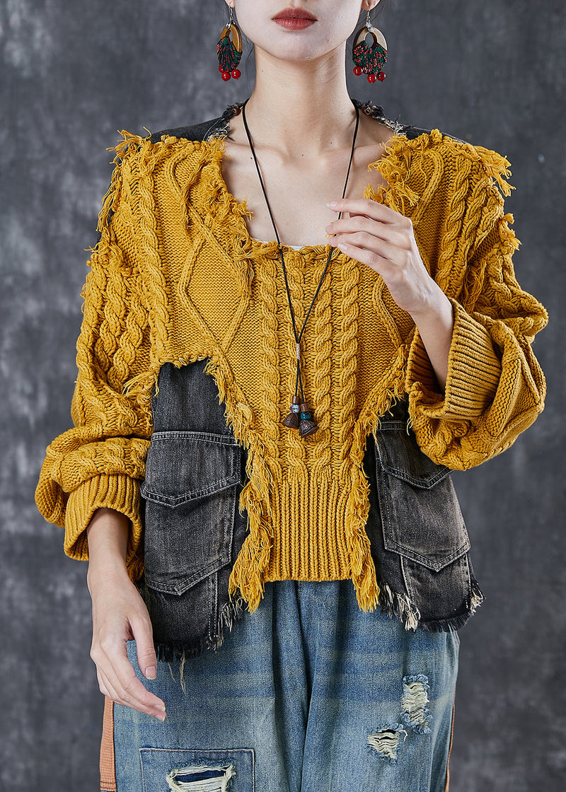 Art Yellow Oversized Patchwork Pockets Knit Sweaters Winter