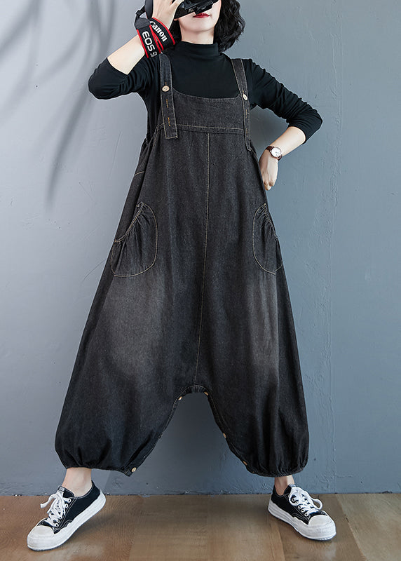 Black Wear on Both Sides Denim Jumpsuit Oversized Pockets Summer