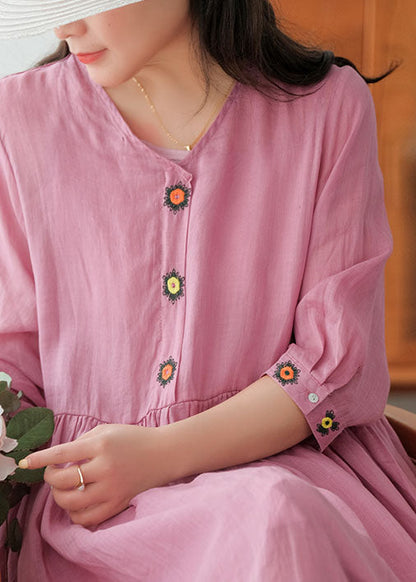 Rose Linen Long Dress and Spaghetti Strap Dress Two Pieces Set Embroideried Short Sleeve