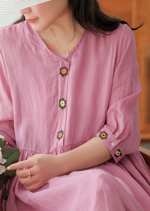 Rose Linen Long Dress and Spaghetti Strap Dress Two Pieces Set Embroideried Short Sleeve