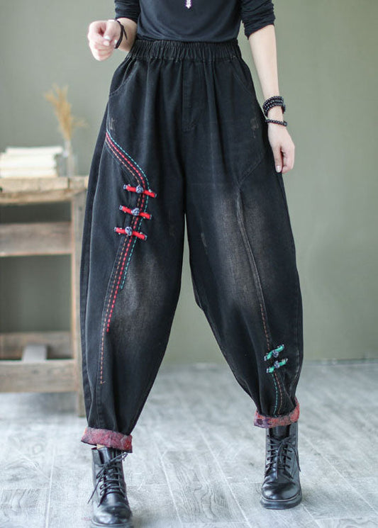 Natural Black Button Denim Harem Pants Spring