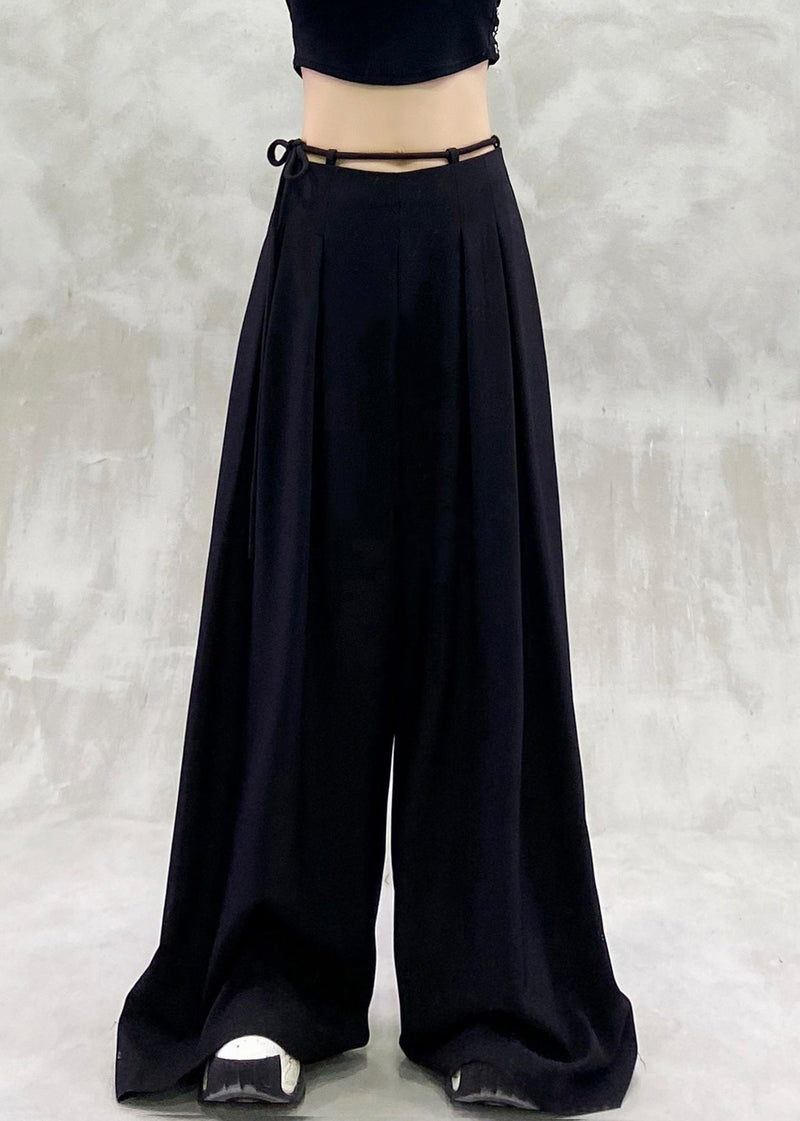 Black Lace Up High Waist Spandex Wide Leg Pants Summer