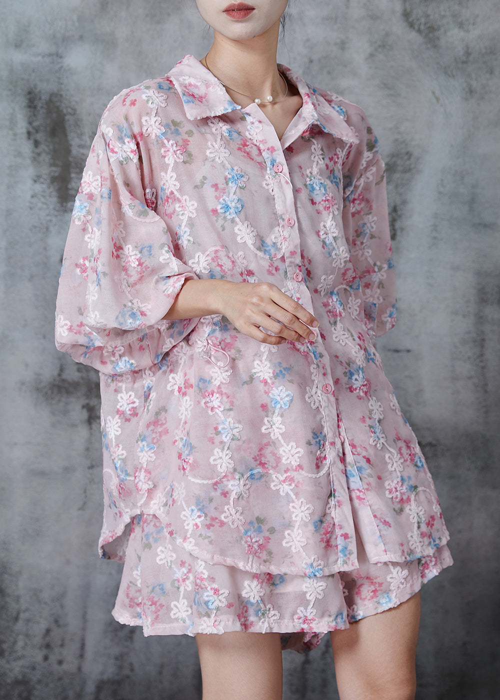 Pink Embroidered Print Chiffon Two Pieces Set Summer