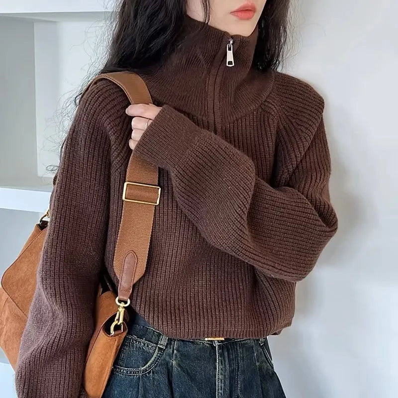 Boutique Coffee Peter Pan Collar Ruffled Knit Patchwork Sweatshirts Fall